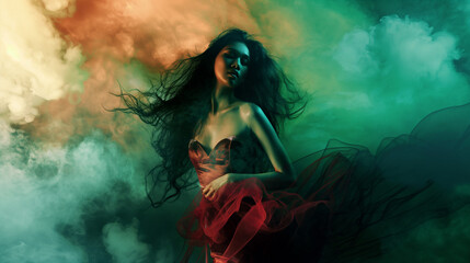 Fototapeta premium Woman in couture dress against a background of orange and green smoke