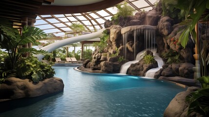 Indoor saltwater pool with waterfall features and tropical landscaping