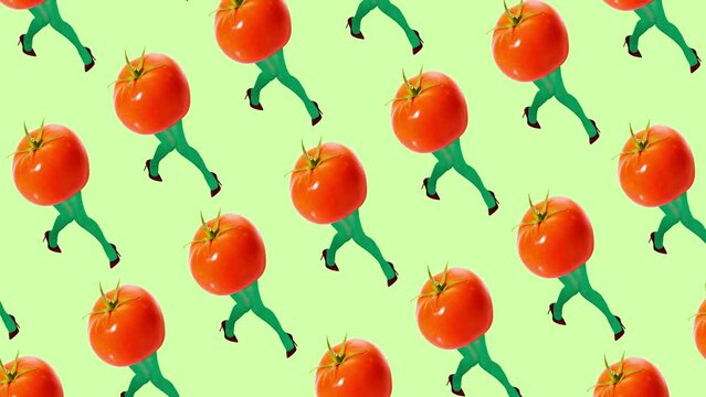 Stop motion, animation. Legs in green tights with tomato body. Dancing. Vegetarian. Healthy eating. Concept of art, creativity, food, healthy nutrition, surrealism. Abstract creative design
