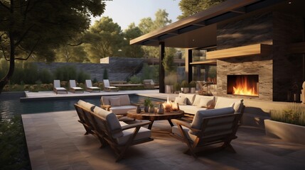 Fototapeta na wymiar Indulgent outdoor living space with kitchen, fire pit lounge, and plunge pool