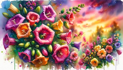 Obraz na płótnie Canvas Vibrant Watercolor Painting of Million Bells Flowers