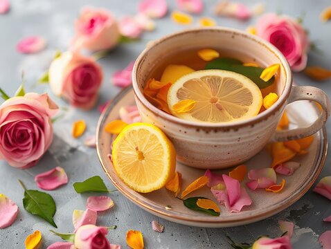 Rose Lemon Tea Served in a Cup - Floral Elegance and Refreshing Flavor - Soft Natural Light - Delicate and Aromatic 