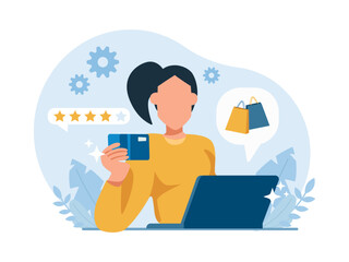 Vector of a young woman shopping online paying with credit card - 767923176