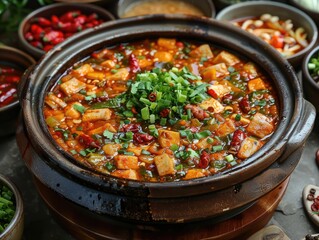Spicy Hot Pot with Pepper and Protein in Multiple Pots - Flavorful and Protein-Packed Dish - Warm Ambient Light - Zesty and Satisfying