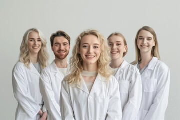 A smiling man and woman doctor, both donned in white professor coats, as they pose for a picture against a pristine white background.