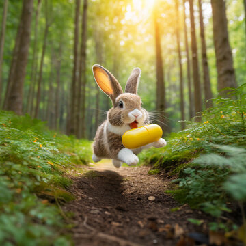 Rabbit running after a yellow pill in the forest