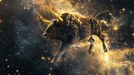 A celestial Bitcoin bull its horns piercing through galaxies - obrazy, fototapety, plakaty