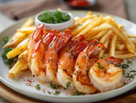 Fried Prawn with Gourmet Fries - Premium Shrimp Meat Dish - Warm Restaurant Lighting - Crispy and Delicious 