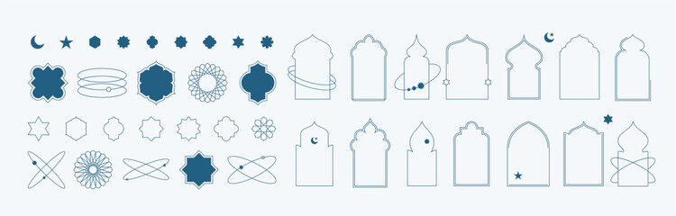 Islamic window frame shapes with star and moon elements illustrations collection. Arabian architecture geometric arch door silhouettes set. Ramadan Kareem mosque gates icons. Isolated