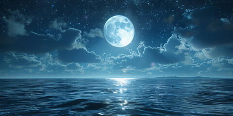 Naklejka na ściany i meble full moon on sea at night background, blue moon with clouds on ocean,banner