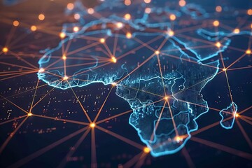Obraz premium Blockchain technology network expanding across map of Africa, futuristic digital concept illustration