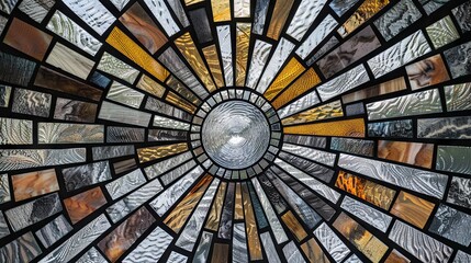 Intricate stained glass dome ceiling with a radial design, showcasing a beautiful blend of light and color.