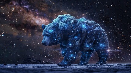 A colossal bear made of dark matter with eyes of Bitcoin - obrazy, fototapety, plakaty