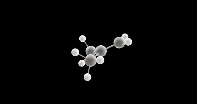 Isobutylene molecule, rotating 3D model of 2-methylpropene, looped video on a black background