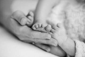 Newborn baby feet in parents hands	

