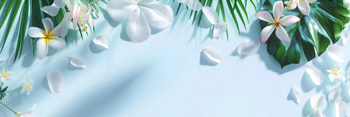 Stof per meter Summer tropical background with palm leaves and frangipani flowers on blue background. Banner, copy space © Marina