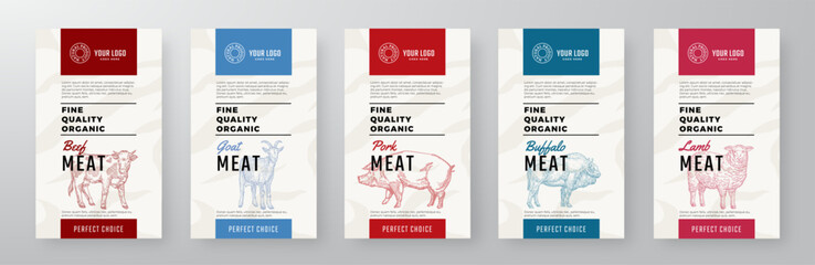 Organic Meat Vector Packaging Design Textured Label Templates Set. Beef, Pork, Lamb Food Product Banners. Hand Drawn Domestic Animals Backgrounds Layout Collection Isolated