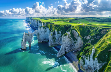 A panoramic view of the lush green golf course nestled on white cliffs overlooking blue sea, with the iconic tall rock arches