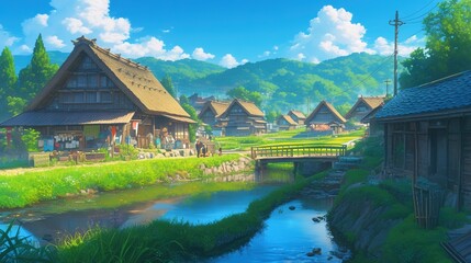 Fototapeta na wymiar Anime japanese countryside vilalge in the mountains, river and wheat fields
