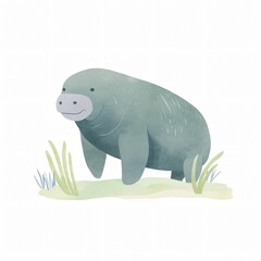 Charming manatee grazing on sea grass its gentle nature emphasized on a white backdrop