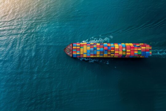 Cargo Ship Loaded with Colorful Containers Sailing in the Vast Ocean, Concept of International Shipping and Transportation, aerial photography