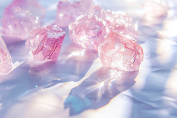 rose quartz crystals close up in daylight. pink healing mineral geode texture, esoteric concept, witchcraft gem for spiritual healing