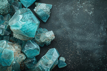 amazonite crystals geode close up on stone background, esoteric teal mineral texture on white surface