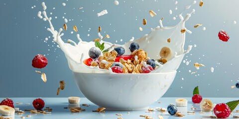 bowl of cereal with milk splashing and berries flying around, plain bright background. morning...