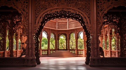 Intricate Indo-Portuguese carved wood pavilion with arched columns, vibrant sculpted walls, and delicate cutwork - obrazy, fototapety, plakaty