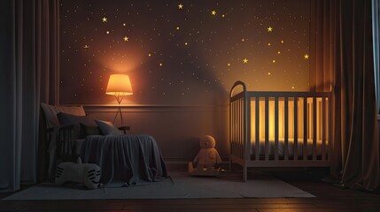 night time, blank wall in nursery , mockup, night lights  