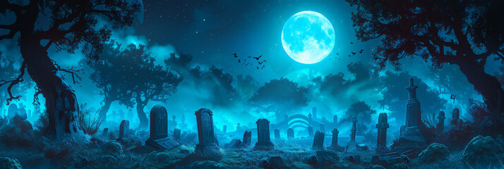 A spooky graveyard at night with tombstones, fog, and ominous moonlight in shades of blue green background, Spooky Cemetery With Moon  halloween,scarry night horror, banner	
