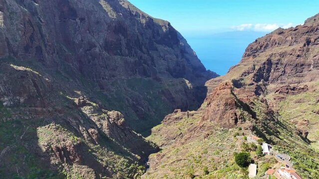 Aerial View of Masca Mountain Landscape in Tenerife, Canary Islands, Rugged Terrain and Natural Beauty, Scenic Drone Footage of Wild Nature, Travel and Adventure Destination