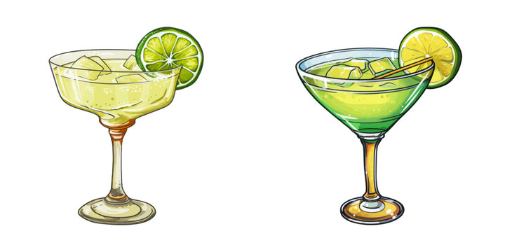 Two glasses filled with various drinks on a table.