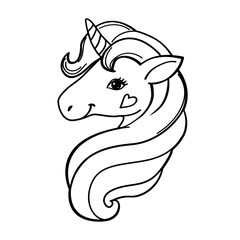 Cute unicorn head silhouette line art drawing isolated. Vector cartoon illustration coloring book for children - 767925961