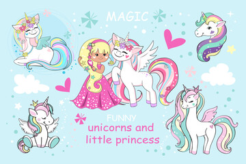 Collection of beautiful unicorns and princess on a blue background. Vector illustration isolated - 767925969