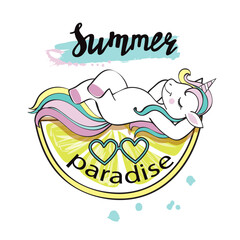 A beautiful unicorn lying on a yellow lemon and the inscription Summer Paradise - 767926101