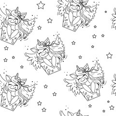 Cute unicorn head silhouette line art drawing seamless pattern. Vector illustration coloring book for children isolated. Design for t-shirt, kids clothes - 767926135