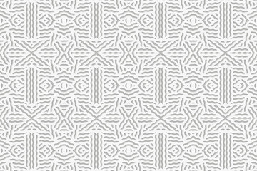 Embossed white background, cover design. Geometric elegant 3D pattern, handmade, doodling, boho. Design in the ethnic traditions of the peoples of the East, Asia, India, Mexico, Aztec, Peru.