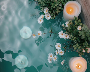 Peaceful Bathtub Setting with Candles and Fresh Flowers. A peaceful and calming bathtub setting adorned with fresh flowers and floating candles, offering a restorative spa-like atmosphere.

