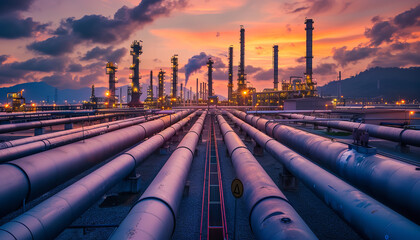Wide shot of pipelines and tanks at an oil refinery 