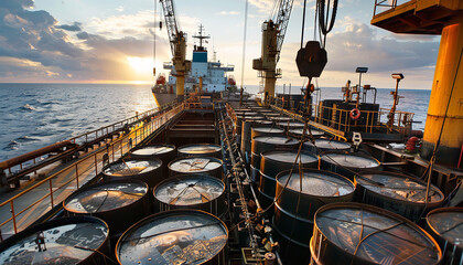 Barrels of oil being loaded onto a massive cargo ship - depicting the transportation and global trade aspects of the oil industry.