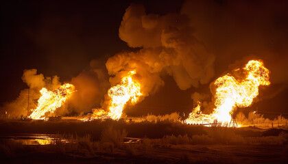 Flames burning off excess gas at an oil production site