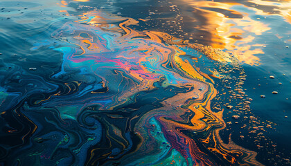 Fototapeta na wymiar Oil slick spreading on the surface of water