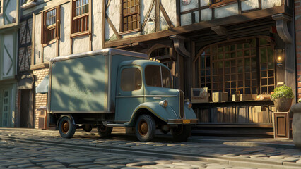 Fototapeta na wymiar Classic delivery vehicle parked by a quaint European-style building in a cobbled street