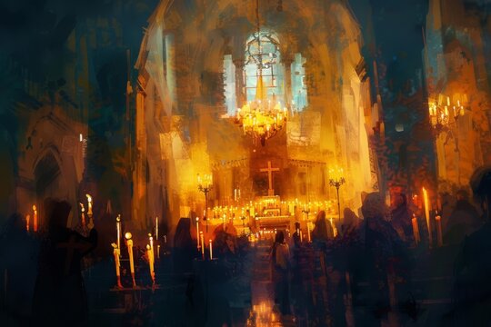 Cozy candlelit church interior during Candlemas procession with people holding candles, soft focus, digital painting