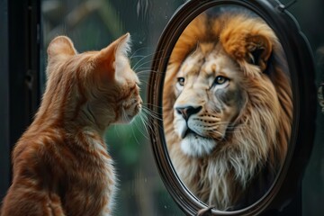 Curious kitten gazing at reflection of majestic lion in round mirror, animal portrait close-up photo