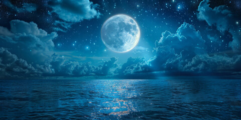  full moon on  sea at night background, blue moon with clouds on ocean,banner