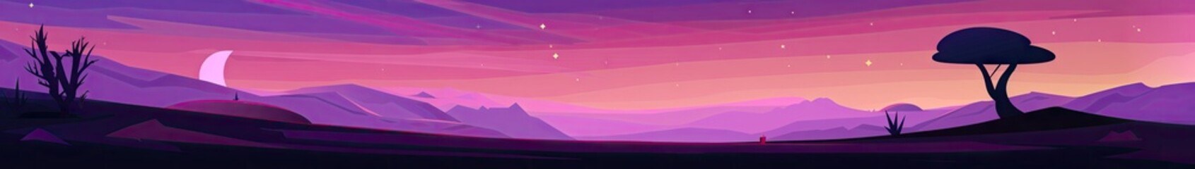 simple cartoon vector art, site of ritual for the amethyst tree of magic, desert at dusk, simple and few shapes and lines  