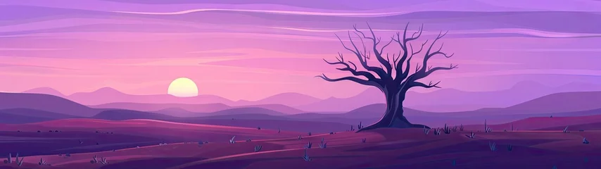 Zelfklevend Fotobehang simple cartoon vector art, site of ritual for the amethyst tree of magic, desert at dusk, simple and few shapes and lines   © chaynam