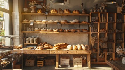 The golden hour light illuminates an inviting array of freshly baked bread arranged inside an artisan bakery.